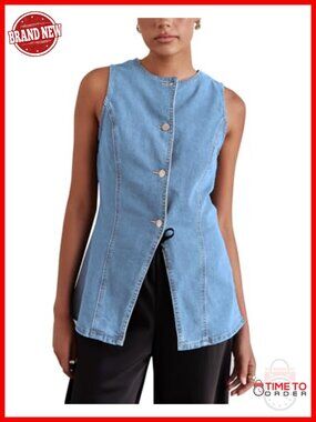 Long Denim Vest Sleeveless Button-Up Back Slit Jean Jacket Vest Y2K